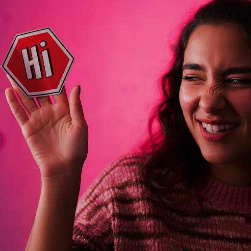 A girl saying Hi to a stop sign